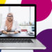 Header image with colourful circle background, with a computer featuring a picture of a female Muslim doctor at a desk