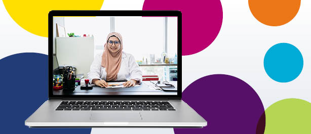Header image with colourful circle background, with a computer featuring a picture of a female Muslim doctor at a desk