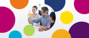 Header image with colourful circle background, with a featured circle of three business people at work