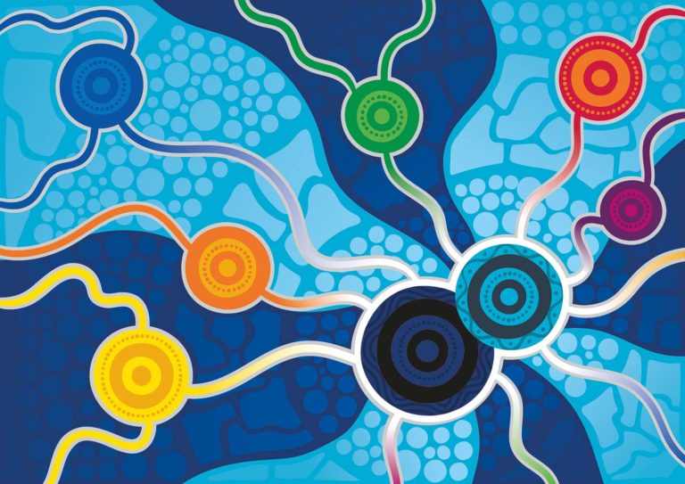 The artwork by Jordan Lovegrove, Ngarrindjeri, of Dreamtime Creative, depicts AGPAL and QIP’s partnership between companies and Aboriginal and Torres Strait Islander medical services, communities and service providers.