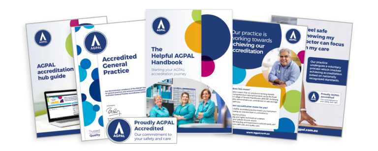 Image of AGPAL client resources including accrediation certificate, posters and more