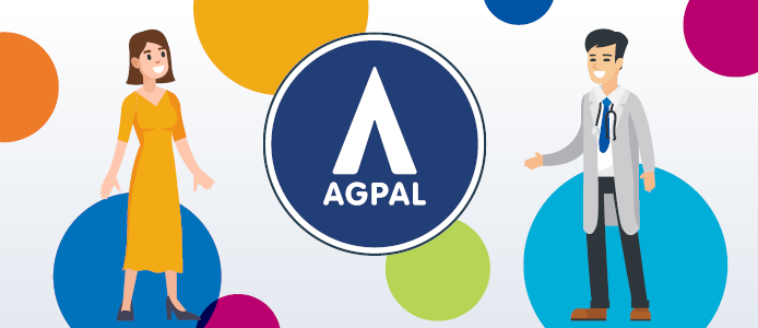 AGPAL Logo and branding with animated characters either side of the logo