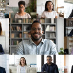 Laptop screen webcam view diverse people engaged in group videocall Laptop screen webcam view different ethnicity and age people engaged in group videocall. Video conference lead by african businessman leader. Modern technology, easy convenient on-line meeting concept